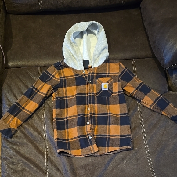 Carhartt Kids' Plaid Flannel Shirt with Hood - Brown and Black - Picture 1 of 3